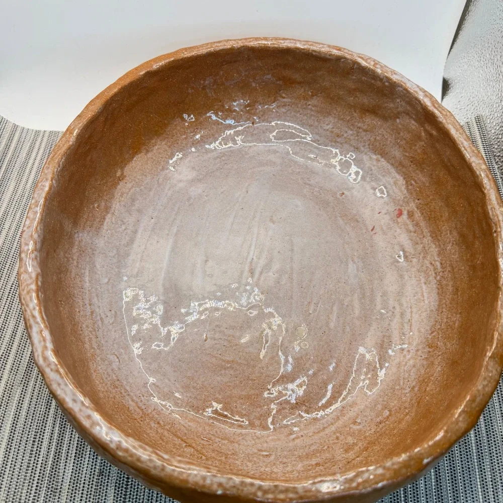 Signed Studio Pottery Terracotta Bowl Handcrafted Rustic Organic 12 inch Brown